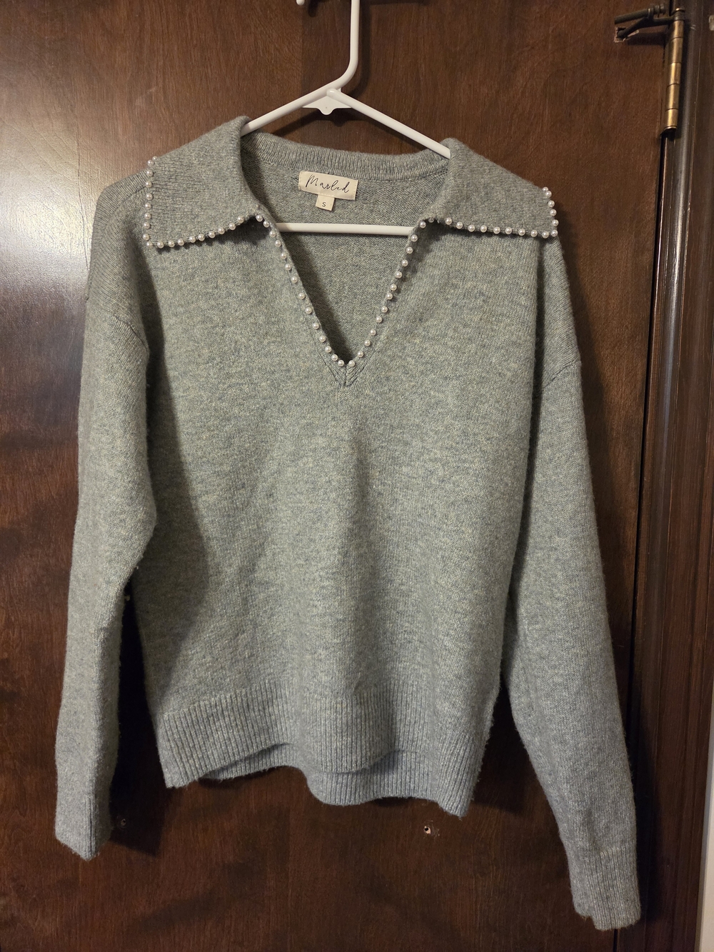 Marled Sage Gray Pearl-Trim V-Neck Sweater